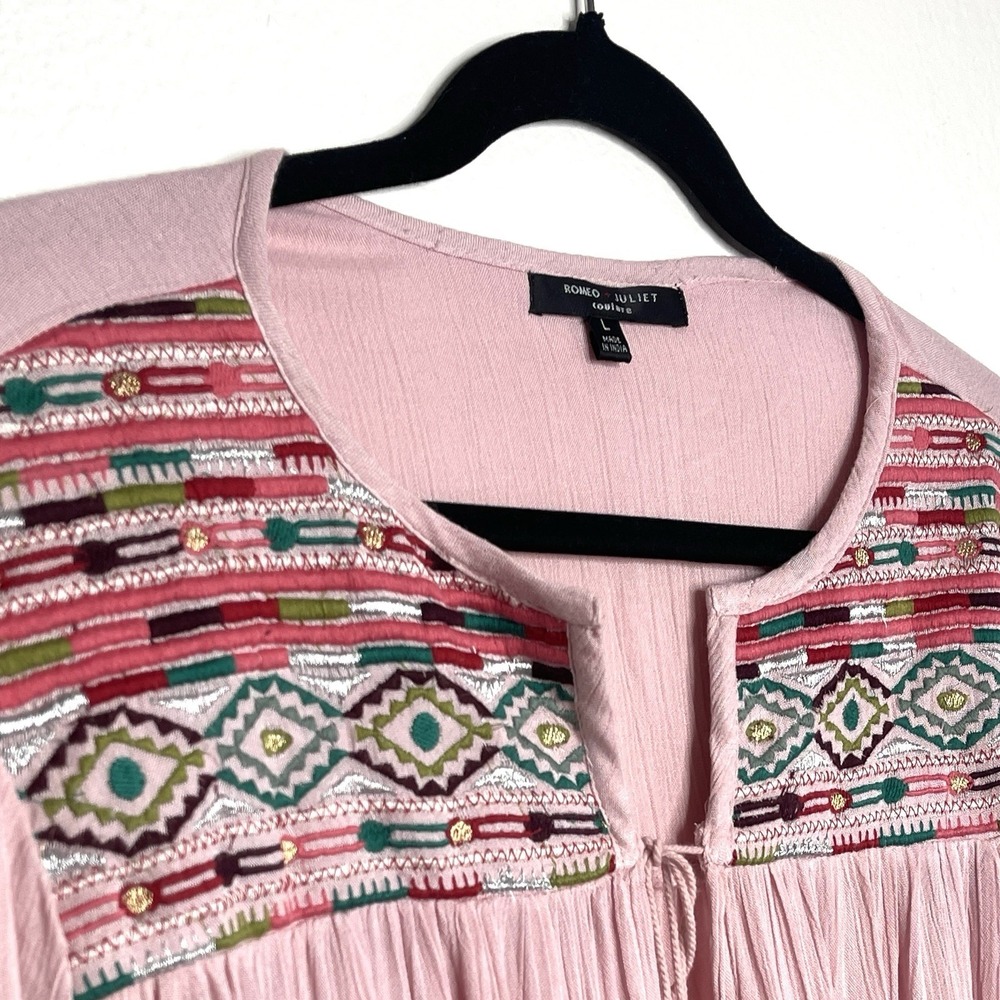 Romeo + Juliet Couture Pink Embroidered Ruffle Kimono Peasant Top Size Large - Picture 4 of 15